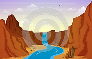 Beautiful Western Desert Landscape with Sky Rock Cliff Mountain Vector Illustration