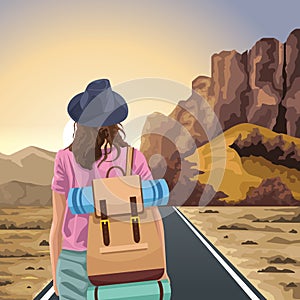 Beautiful Western landscape with traveler woman standing