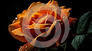 Beautiful wet yellow rose flower with some leaves and water droplet looks fresh on black background