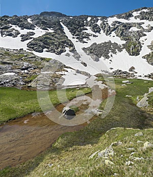 Beautiful wetland from spring, melting ice and snow, alpine mountain meadow called Paradies with lush green grass and