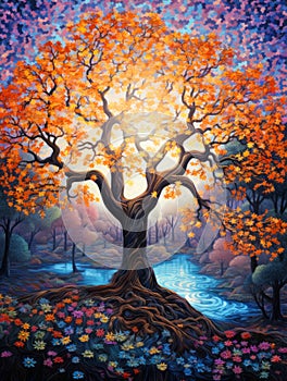 Beautiful Whimsical Autumn Tree at sunset Painting