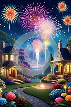 A beautiful whimsical garden with fireworks, in a starry night, new year's party, new life begins, flowers