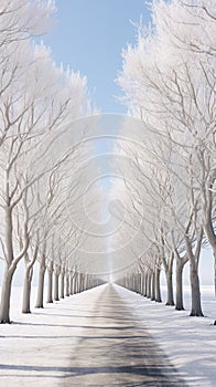 A white avenue trees going into white avenue in the distance white sky Generative AI