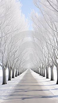 A white avenue trees going into white avenue in the distance white sky Generative AI