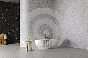 Beautiful white bathtub with black faucet standing on tiles in bathroom. 3d Rendering