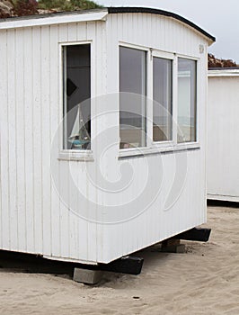 The beautiful white beach cabins at Blokhus Beach in Denmark