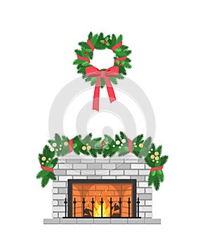 Beautiful white brick fireplace decorated with garland and Christmas wreath, isolated on white background