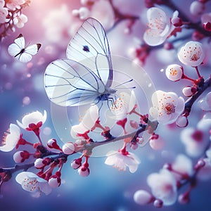 Beautiful white butterfly in flight and flowers with soft focus Branch blossoming cherry in spring on blue