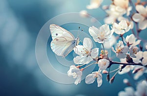 Beautiful white butterfly flying towards blossoming cherry branch. blue background. soft focus