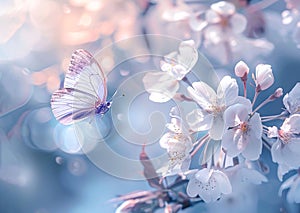 Beautiful white butterfly flying towards blossoming cherry branch. blue background. soft focus