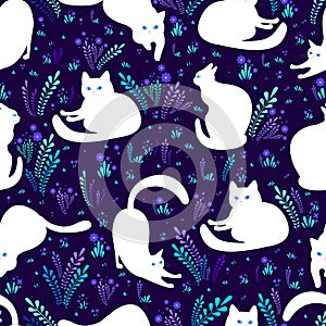 Beautiful white cats in different poses on a background of flowers, grass and dark violet background, fantasy seamless