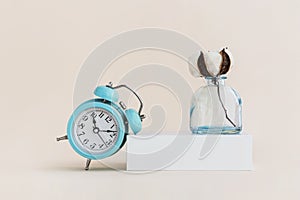 Beautiful white cotton flower in vase and alarm clock. Minimal monochrome creative picture