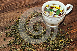 A beautiful white cup with a gold border decorated with flowers, herbal green healthy tea. Business account design.