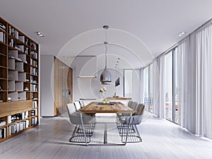 Beautiful white dining room with a large table and designer chairs