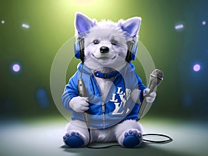 Beautiful white dog with headphones and microphone