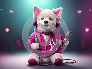 Beautiful white dog with headphones and microphone