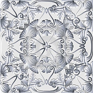 Beautiful white floral 3d greek vector seamless pattern. Modern ornamental ancient style background. Abstract repeat