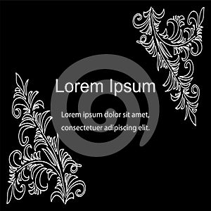 Beautiful White Floral Pattern on Black Background. Vintage Style. Template for Visiting Cards, Labels, Fliers, Banners, Badges