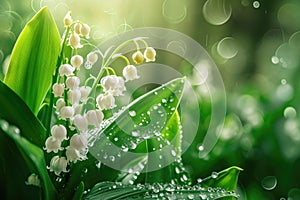 Beautiful white flowers lilly of the valley in rainy garden. Convallaria majalis woodland flowering plant