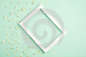 Beautiful white flowers and photo frame on pastel mint background