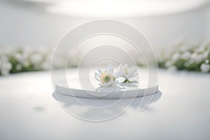 Beautiful white flowers on white stage for wedding background.
