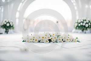 Beautiful white flowers on white stage for wedding background.