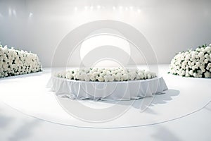 Beautiful white flowers on white stage for wedding background.