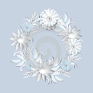 Beautiful White Flowers Wreath Isolated On Grey Background Floral Round Frame Decoration Element