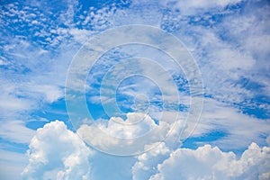 Beautiful white fluffy and feathery clouds against the blue sky. Natural delicate background for text