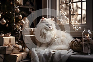 Beautiful white furry cat sitting near the window at home by Christmas gift boxes and decoration