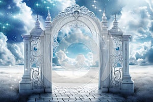 Beautiful white gate standing in beautiful Light, angelic and alike winter landscape