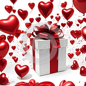 Beautiful white gift box with red big bow and heart-shaped balloons on white background.