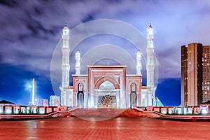 Beautiful white Hazrat Sultan mosque, the largest mosque in Central Asia photo