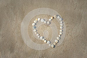 Beautiful white heart shape is made from various shell that it set on sand beach.
