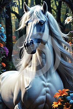 Beautiful white horse with black mane