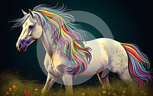 Beautiful white horse in colors of pride flag. Generative Ai illustration