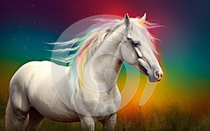 Beautiful white horse in colors of pride flag. Generative Ai illustration