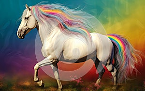 Beautiful white horse in colors of pride flag. Generative Ai illustration