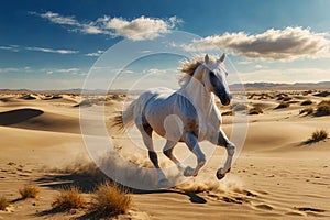 Beautiful white horse gallops in the desert. Generative AI