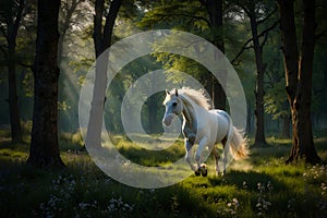 Beautiful white horse gallops on the meadow. A style similar to impressionist painting. Generative AI