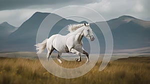 Beautiful white horse with long mane galloping in the field photo