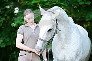 Beautiful white horse treats from young teenage girl`s hand