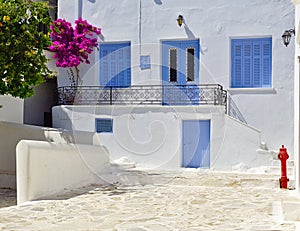 Beautiful white house with blue windows