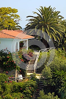 Beautiful white house in the mediterranean garden(Greece).