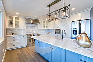 Beautiful white kitchen with large island.