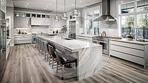 Beautiful white kitchen in new luxury home with large island