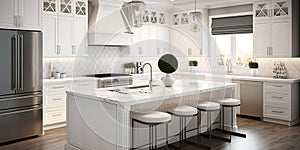 Beautiful white kitchen in new luxury home with large island. Generative AI