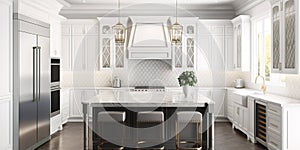 Beautiful white kitchen in new luxury home with large island. Generative AI