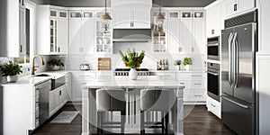 Beautiful white kitchen in new luxury home with large island. Generative AI