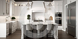 Beautiful white kitchen in new luxury home with large island. Generative AI